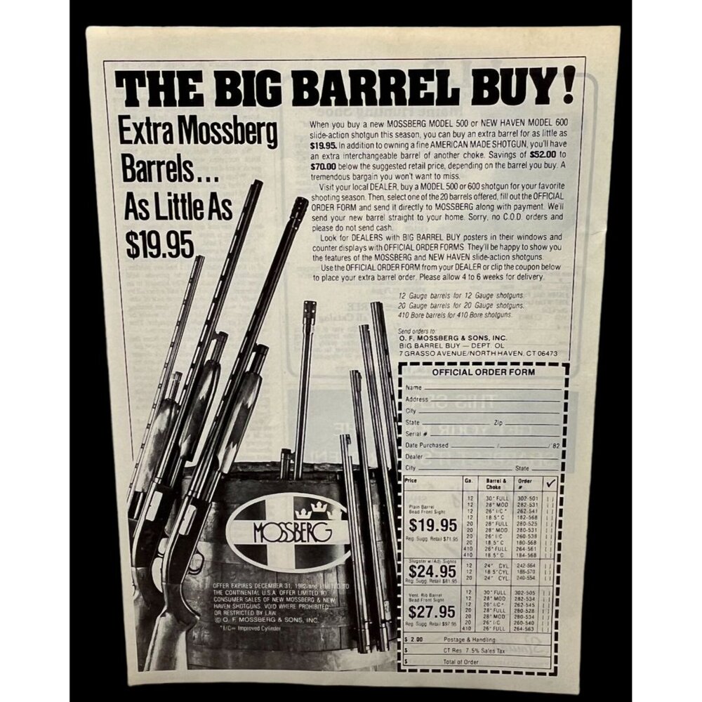 Mossberg Shotgun Barrels Print Ad Vintage 1980 Barrel Buy Hunting Shooting